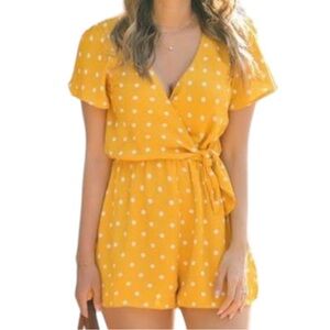 Everly Golden Yellow & White Polka Dot Wrap Front Romper S